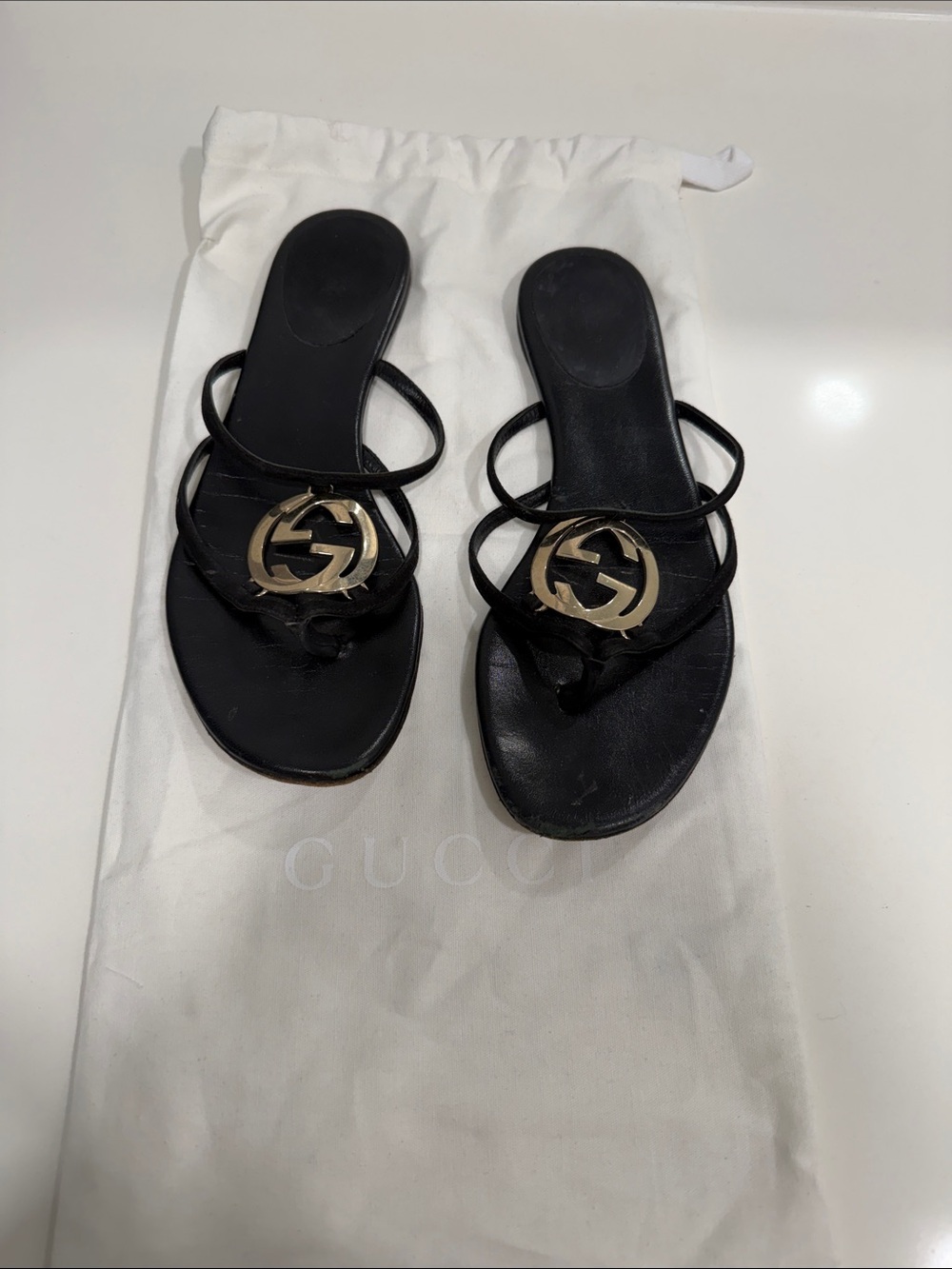 Gucci Black Leather Sandal with Gold Double G Logo